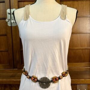 VTG Boho Chinese Zodiac Medallion Wood Bead Mother Of Pearl Hip Belt Or Necklace